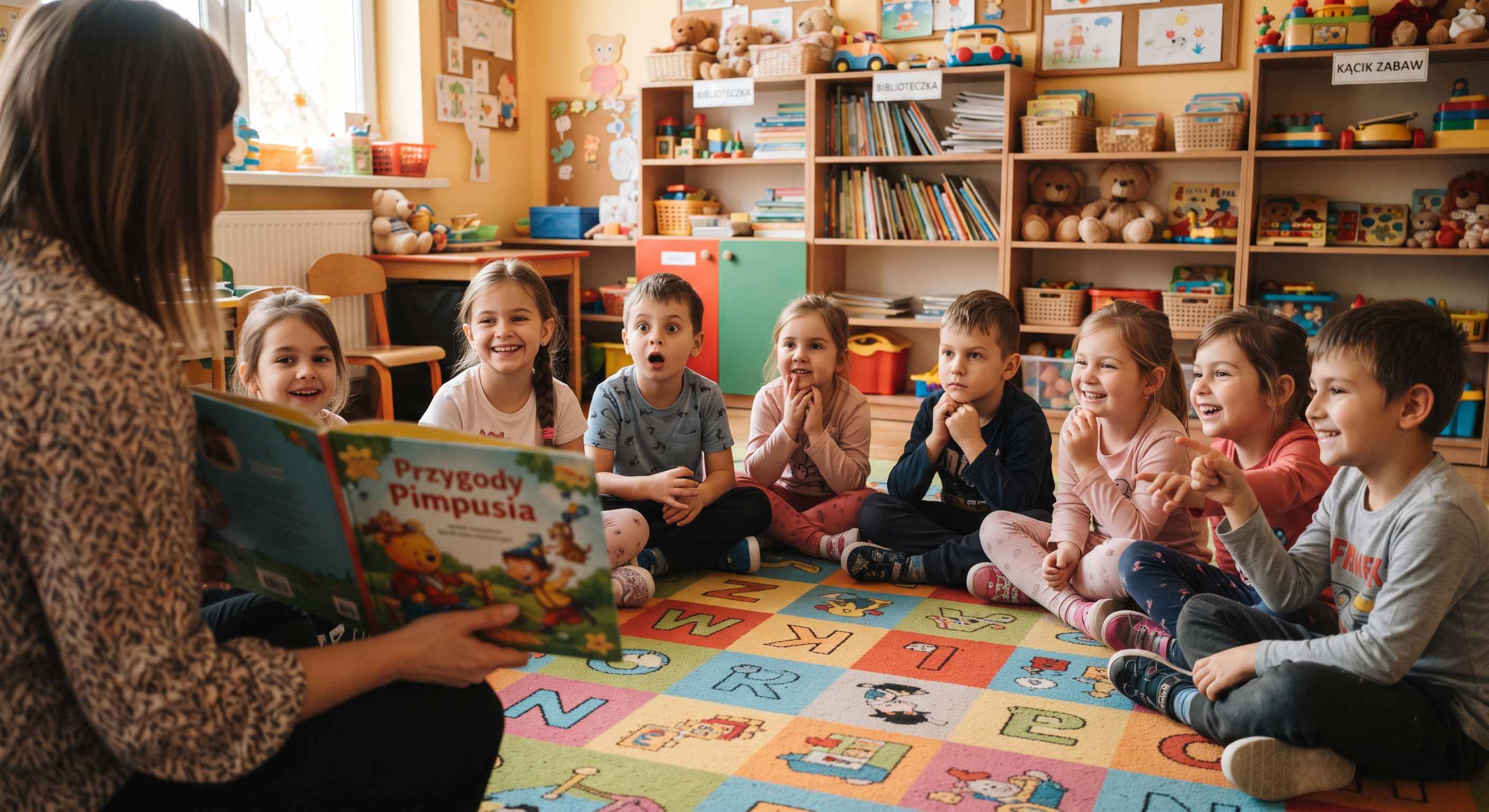 Grupa dzieci uczących się czytania